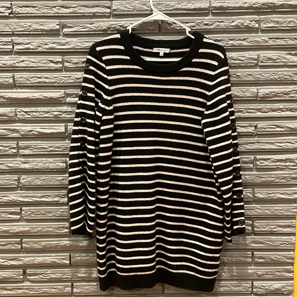 Madewell Women's Button Sleeve Sweater Dress 100% Merino Wool XL Stripe